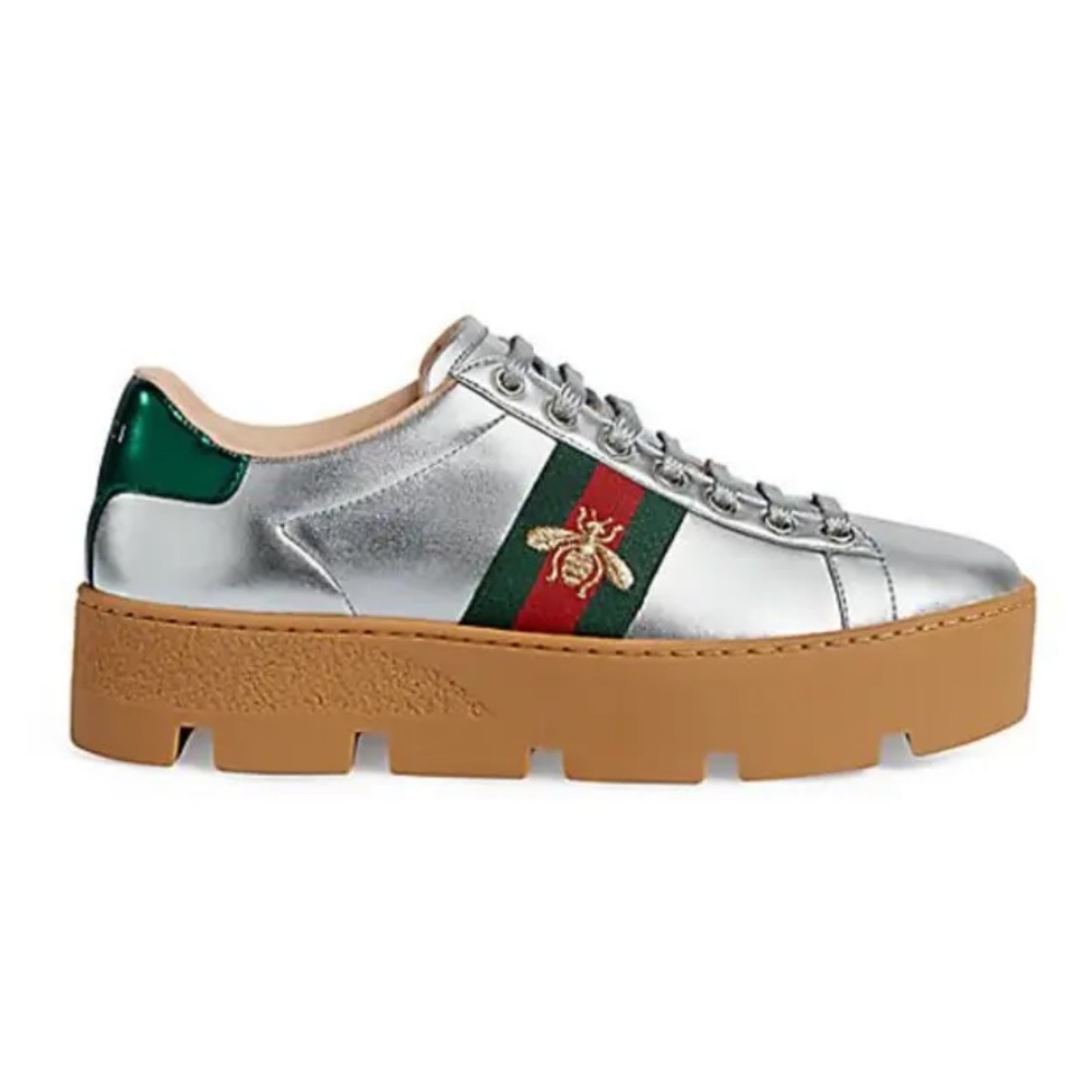 GUCCI Metallic Nappa Web Bee Embroidered Women's Ace Platform Sneakers